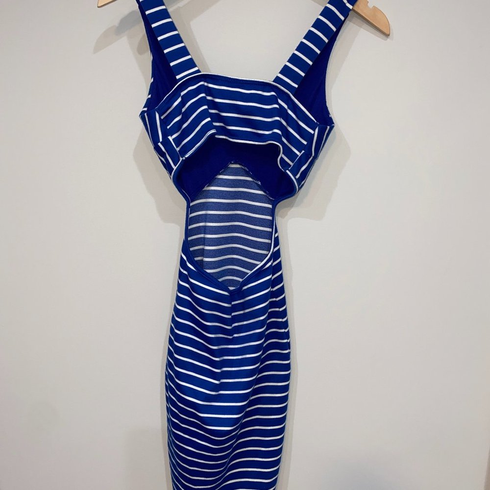 Sexy Blue & White Striped Cut Out Mini Bodycon Dress: Size S - Picture 3 of 5